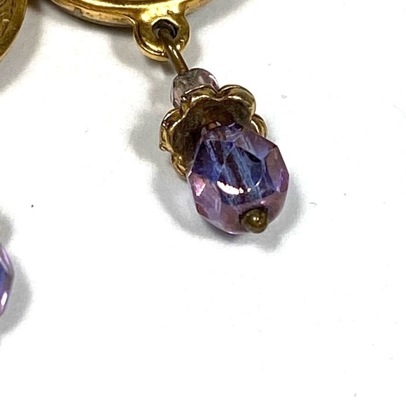 Earrings Dangles Drops Gold Tone Purple Crystals Buttons - Picture 8 of 11